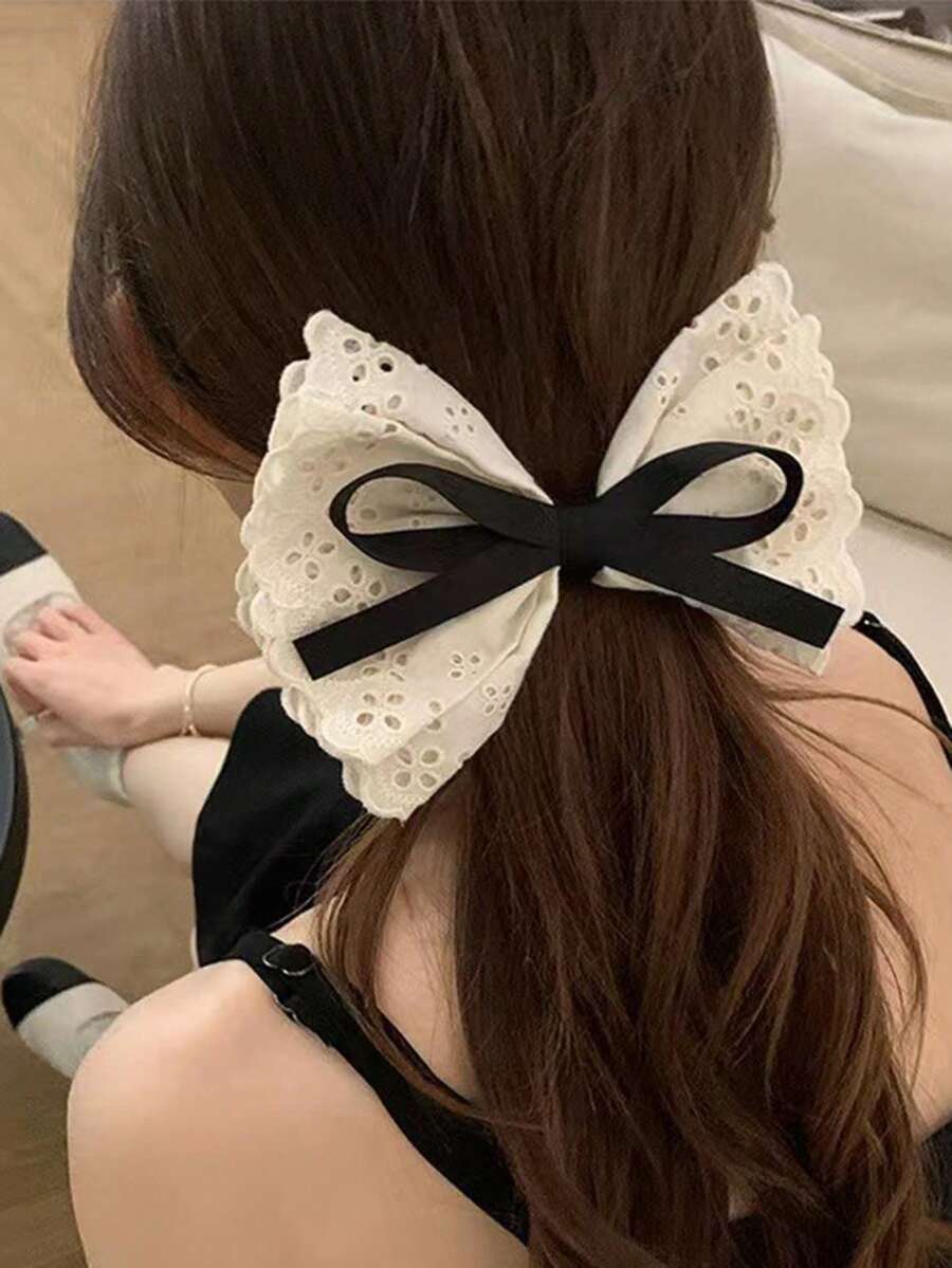 1pc Women's Hollow Out Lace Bow Hair Clip - Beige - View 1