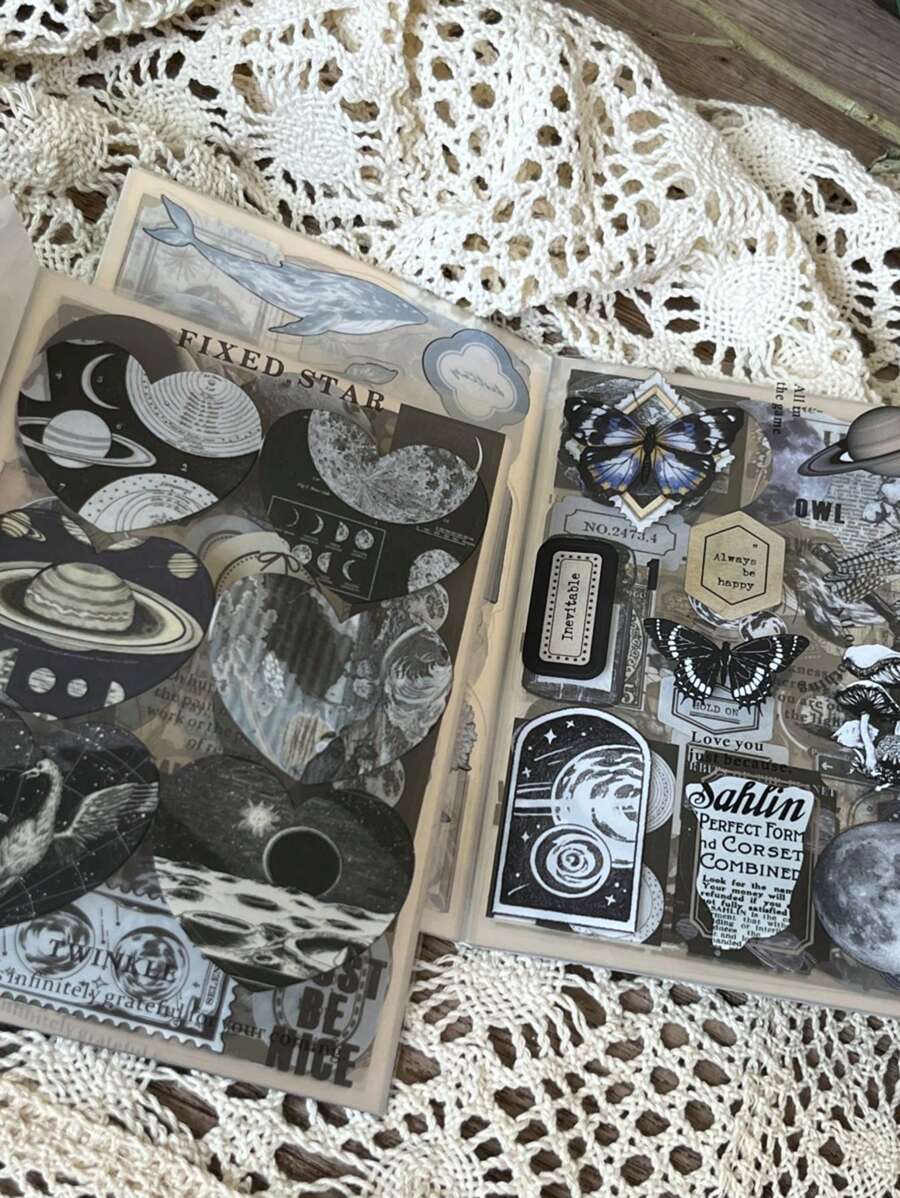 20入組復古月亮、星球、動物、花朵、蝴蝶寵物貼紙,適用於diy相簿製作、日記裝飾 - 彩色 - 查看 1