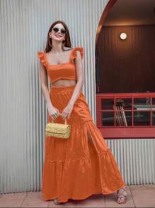 Conjunto campesino crop top y falda olanes abertura - Naranja Coral - Ver 1