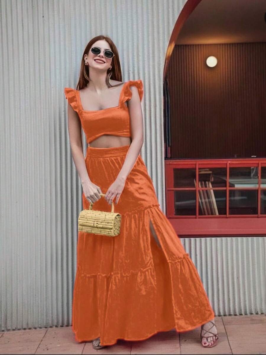 Conjunto campesino crop top y falda olanes abertura - Naranja Coral - Ver 1