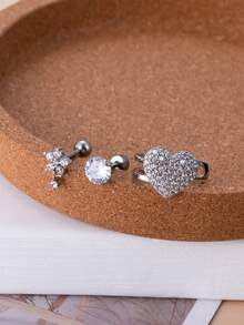 1個水晶大愛心軟骨耳鉤螺紋後螺母珠寶花形立體鑽體三角耳環,女士顱耳飾品