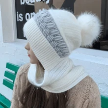 Winter Hats for Women Knit Beanie Hat Scarf Set,Girls Snow Caps Warm Soft Slouchy Skull Cap with Pom Pom(Beige) - Beige - View 5