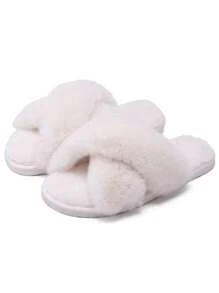 Fuzzy Slippers For Women,Cross Band Cozy House Home Bedroom Fluffy Slippers Plush Furry Open Toe Slide Slipper,Women's Soft Cozy Plush Cross Band Open Toe Slippers Indoor Outdoor Faux Rabbit Fur Warm Comfortable Breathable ,Grey/Camel/Pink/Black/White - White - View 7