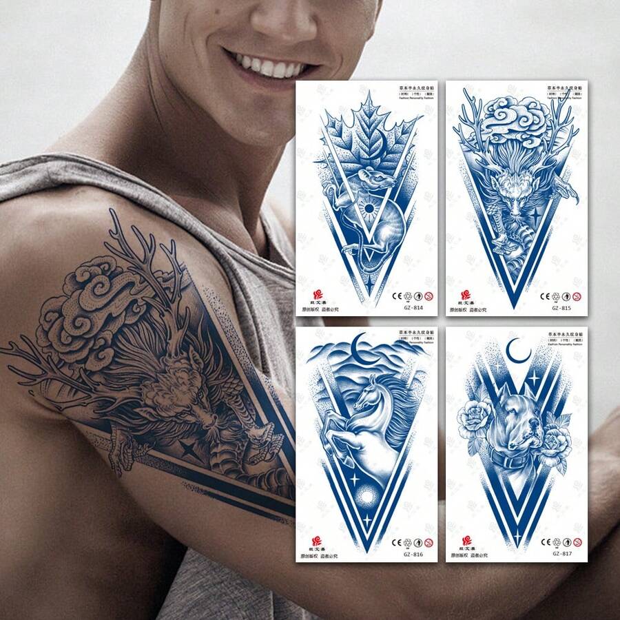 1套4入組半永久性v形12生肖動物印花紋身貼紙(龍/虎/馬/花),適合手臂、腿、手腕,防水、不反光,男女皆宜 - 藍色 - 查看 1
