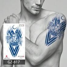 1套4入組半永久性v形12生肖動物印花紋身貼紙(龍/虎/馬/花),適合手臂、腿、手腕,防水、不反光,男女皆宜 - 藍色 - 查看 5