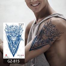 1套4入組半永久性v形12生肖動物印花紋身貼紙(龍/虎/馬/花),適合手臂、腿、手腕,防水、不反光,男女皆宜 - 藍色 - 查看 3