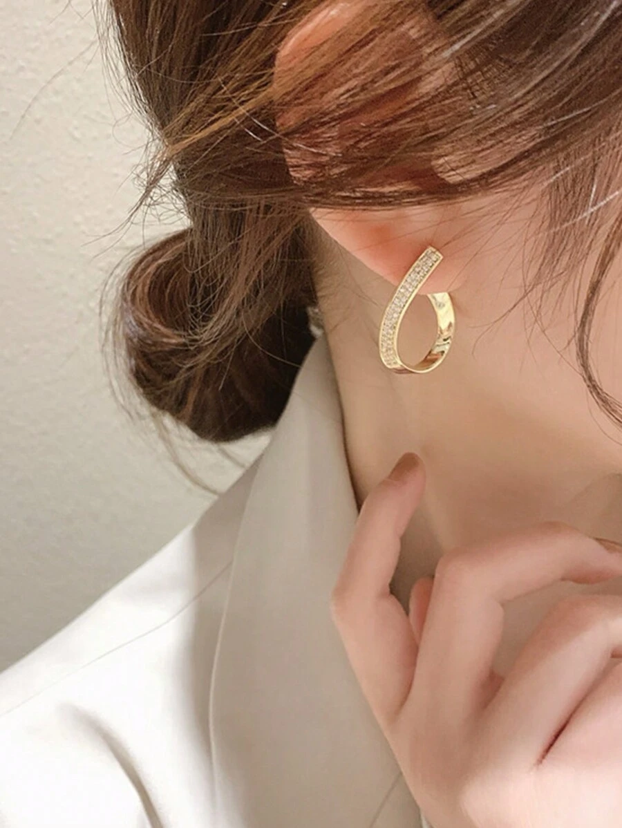 MESTILO 1pair Fashionable Metal Rhinestone Open C Shaped Musical Note Stud Earrings Suitable For Daily Wear By Women - Gold - View 1