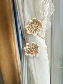 1pc Bohemian Style Beige Rope Tieback With Flower For Adjustable Curtains, No Need To Drill Wall For Curtain Tieback - Beige - View 2