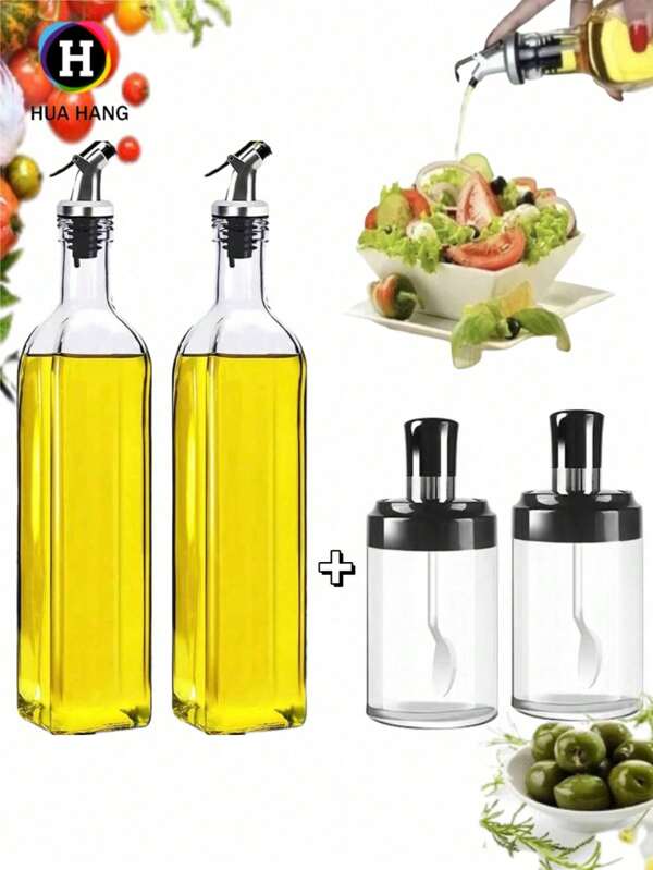 Juego de 1 aceite y 2 dispensadores de sal, Dispensadores con tapa a prueba de fugas y cuchara para cocina y bar, 17 onzas