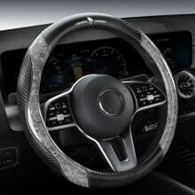 1 件桃木紋方向盤套由碳纖維和超細纖維皮革製成,適合 14 1/2-15 英吋舒適防滑透氣汽車方向盤套,汽車配件 - 灰色 - 查看 1