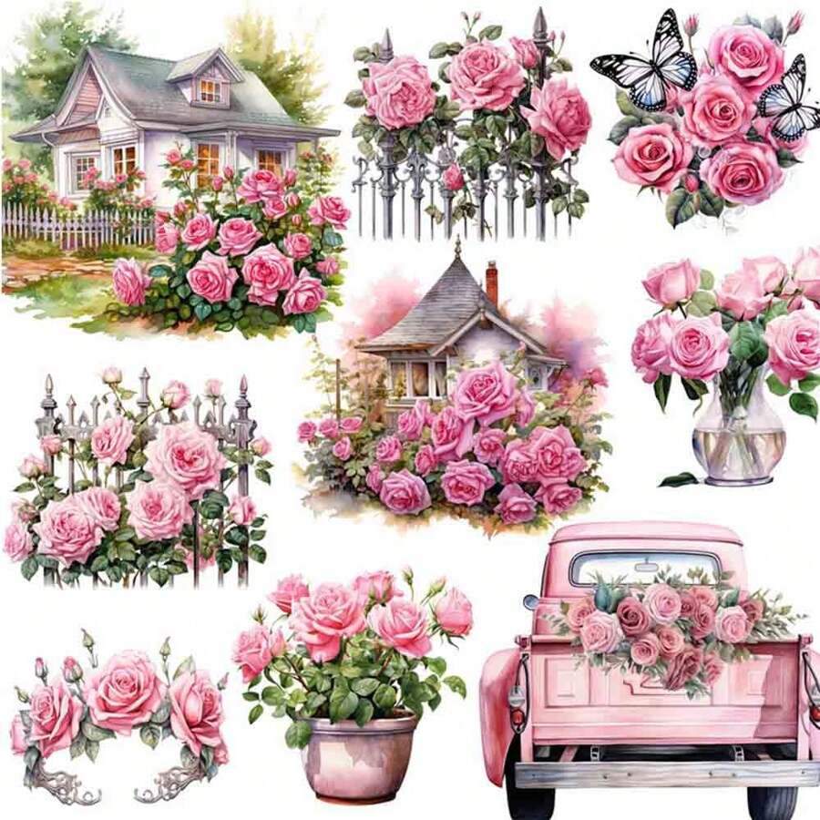6款玫瑰主題貼紙套裝,創意粉紫黑玫瑰設計貼紙,適用於剪貼簿、日記、筆記本、相冊、情人節卡片裝飾 - 藍色 - 查看 1
