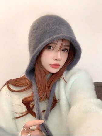 1pc Women's Simple Fashion Plush Soft Knitted Hat With Headband And Ear Flaps, Suitable For Daily Winter Outfits