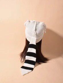 女士冬季針織帽,可愛的尾巴設計,保暖且多用途的針織帽,適用於戶外活動 - 白色 - 查看 3