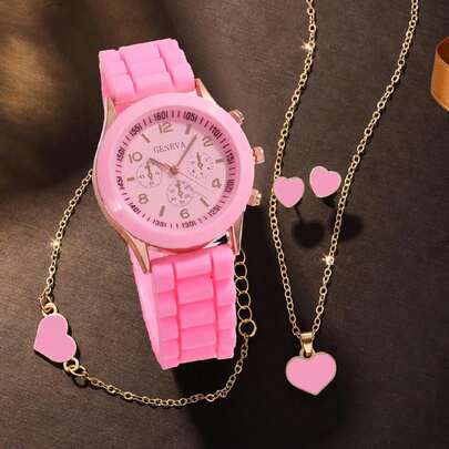 5件套可爱硅胶石英女童手表、项链、手链、耳环首饰套装，送给女孩的礼物，适合万圣节、圣诞节、狂欢节、校园生活等场合。