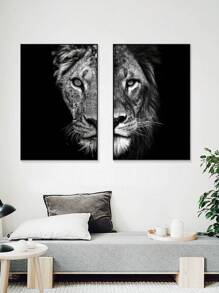 2 件/套 客廳黑白動物裝飾畫芯,帶有獅子和老虎圖案