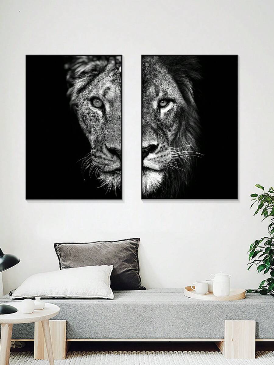2 件/套 客廳黑白動物裝飾畫芯,帶有獅子和老虎圖案
