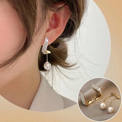 2 chiếc bông tai dài đính ngọc trai giả và đá giả thanh lịch, thời trang Châu Âu và Châu Mỹ, phụ kiện bông tai thanh lịch phù hợp với trang phục hàng ngày của phụ nữ