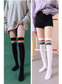 2 Pairs Of Long Knee High Socks With Rainbow Color Lines - Black and White - View 2