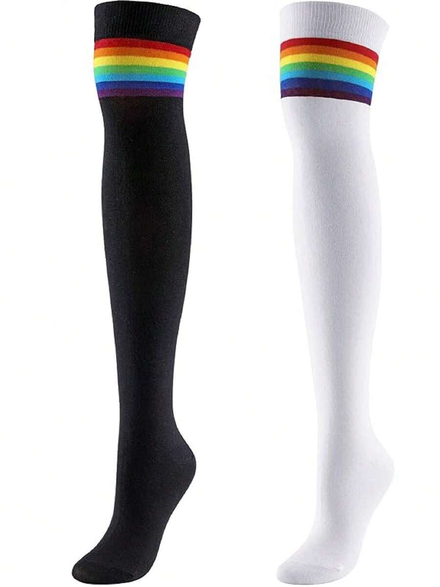 2 Pairs Of Long Knee High Socks With Rainbow Color Lines - Black and White - View 1