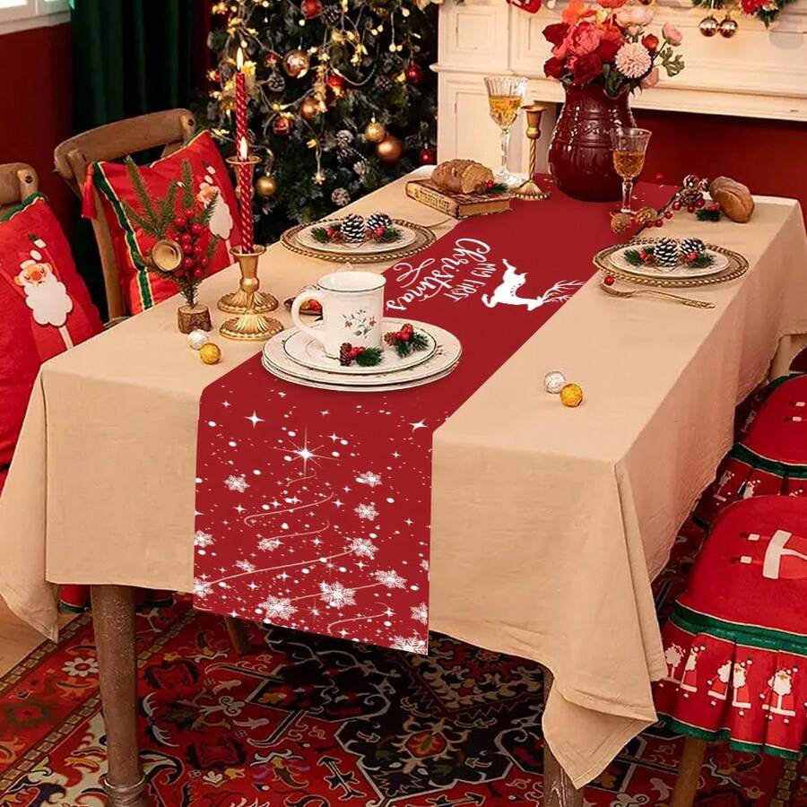 1pc Christmas Table Runner In Multiple Patterns For Decoration, Creative Printed Dining Table Cloth And Flag For Christmas Holiday Kitchen And Entrance Decoration - Christmas snowflakes and elk - View 1