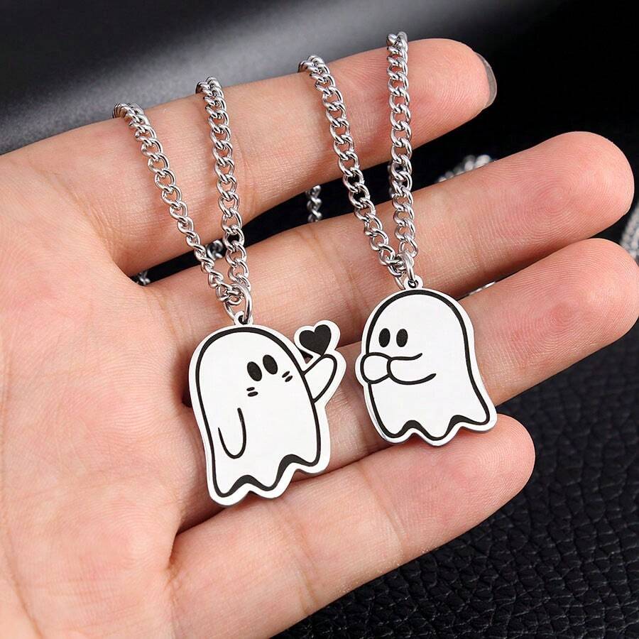 2pcs New Fashion Simple Ghost Pendant Couple Necklace, Valentine's Day Gift For Women