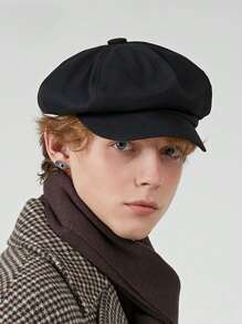 1pc男士黑色貝雷帽春秋時尚日式報童帽畫家帽英倫復古帽子八角帽適合日常使用 - 均碼 - 查看 1