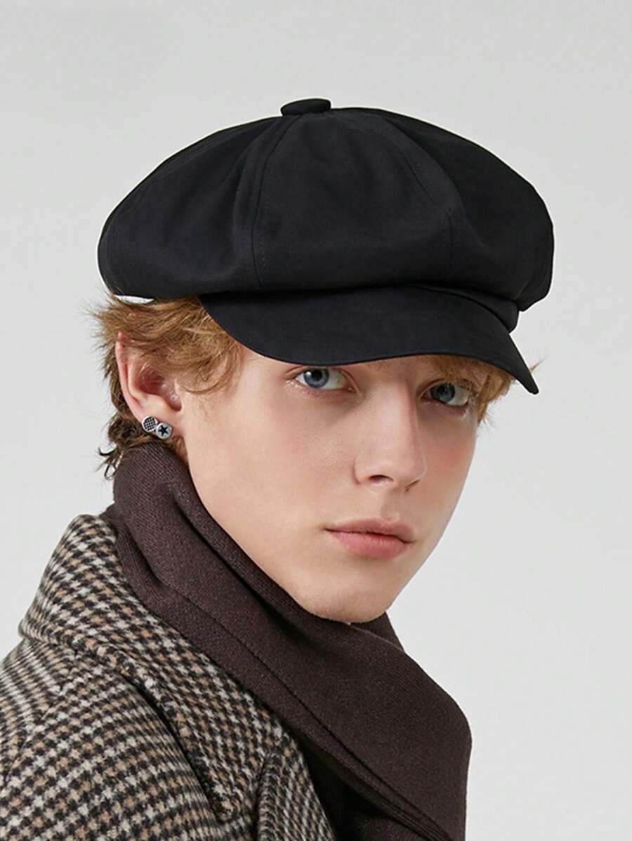 1pc男士黑色貝雷帽春秋時尚日式報童帽畫家帽英倫復古帽子八角帽適合日常使用 - 均碼 - 查看 1