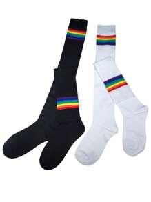 2 Pairs Of Long Knee High Socks With Rainbow Color Lines - Black and White - View 3