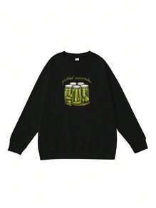 Cucumber Print Casual Round Neck Sweatshirt, Fashionable Thin Round Neck Women's Homewear Top - Black - View 2