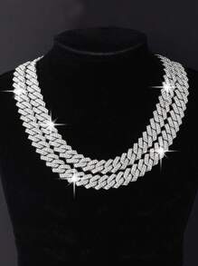 kuuioe 1pc European And American Street Style Full Rhinestone Link Chain Necklace, Bracelet For Men And Women, Fashionable Clavicle Chain - Silver - View 2