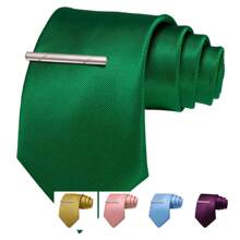 2 件套經典男士 3.15 英吋(8 公分)綠色緞面豪華正式條紋領帶和領帶夾套裝,適合婚禮、伴郎、商務、舞蹈、派對等。