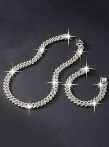 kuuioe 1pc European And American Street Style Full Rhinestone Link Chain Necklace, Bracelet For Men And Women, Fashionable Clavicle Chain - Silver - View 6