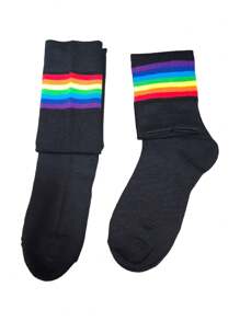 2 Pairs Of Long Knee High Socks With Rainbow Color Lines - Black and White - View 4