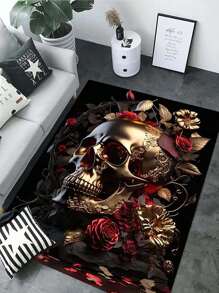 1pc Skull & Rose Pattern Crystal Velvet Floor Mat For Living Room Home Decoration - Multicolor - View 5