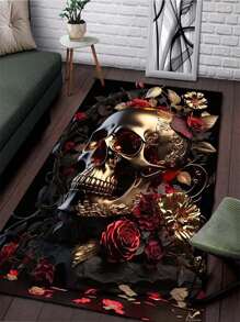 1pc Skull & Rose Pattern Crystal Velvet Floor Mat For Living Room Home Decoration - Multicolor - View 2