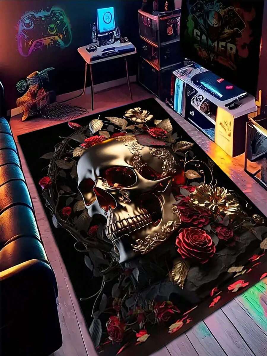 1pc Skull & Rose Pattern Crystal Velvet Floor Mat For Living Room Home Decoration - Multicolor - View 1
