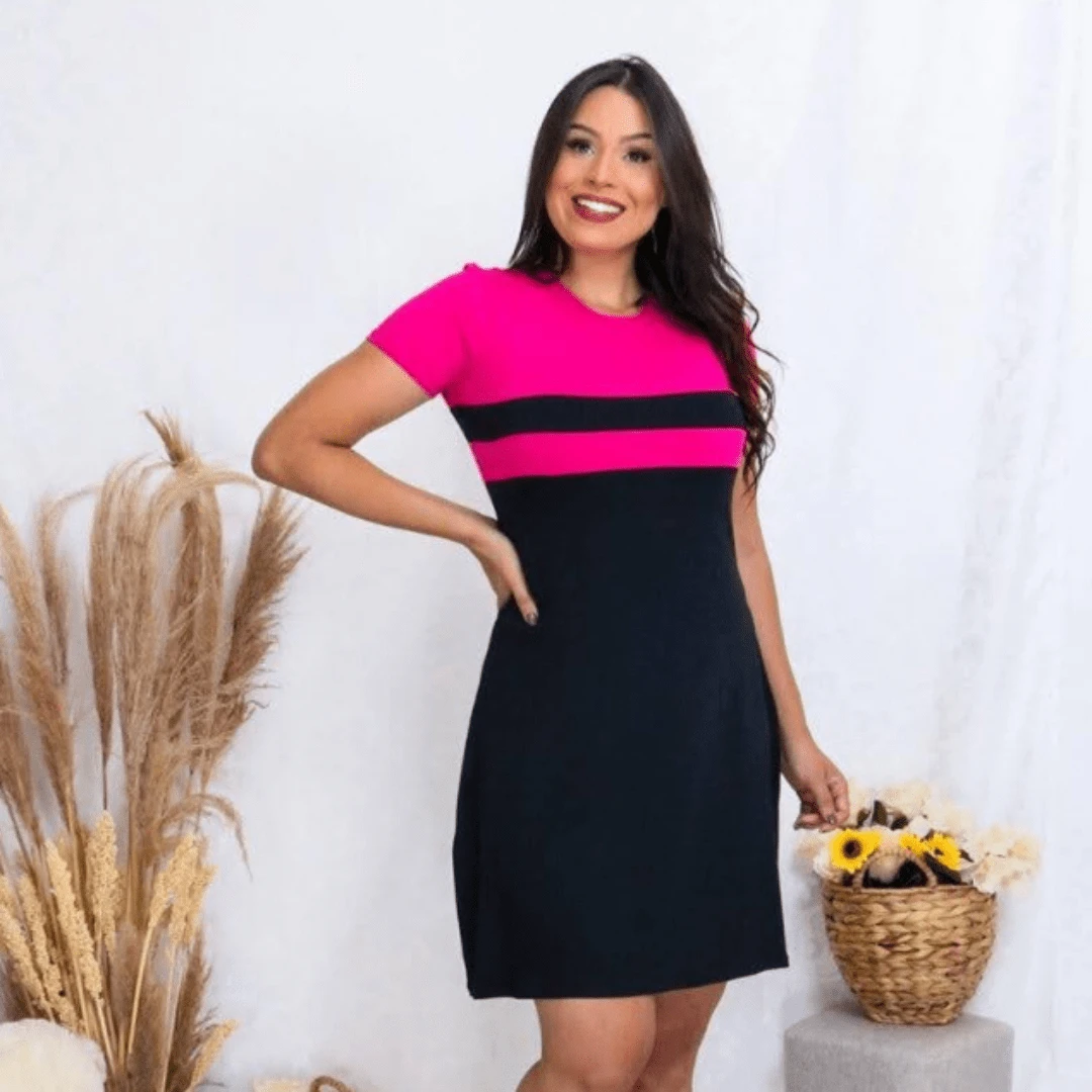 Vestido Feminino Moda Evangélica Manga Curta Básico Soltinho Viscolycra - Pink - Visão 1