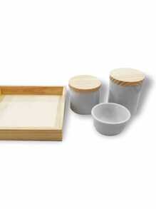 KIT DE HIGIENE PARA BEBÊ COM POTES DE PORCELANA E BANDEJA - Marrom Claro - Visão 2
