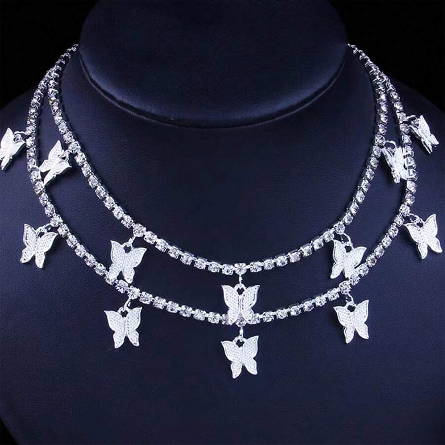 Double/ Multi-layer Butterfly Pendant Necklace, Hip-hop Style - Silver - View 1