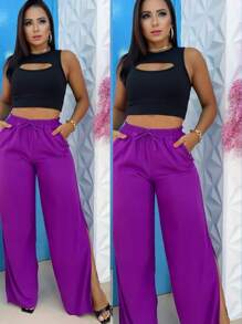 Calça Pantalona Modelo Com Fenda Na Lateral - Lavanda - Visão 1