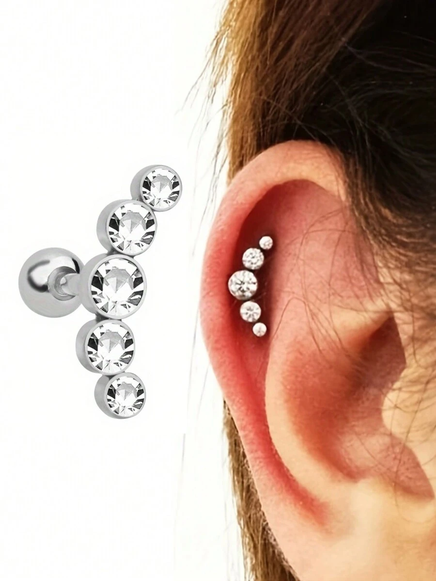 1個閃閃發亮的鑲嵌水晶耳釘,女士女孩可愛的軟骨耳環,骨環,唇環,耳垂穿孔首飾,銀色 - 銀色 - 查看 1