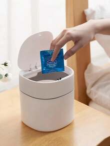 1pc 14cm Mini Desktop Trash Can With Lid For Home Kitchen Office Desk Paper Waste Bin Organizing Storage Container - Navy Blue - View 7