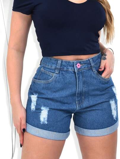 Short Feminino Jeans destroyed rasgado Cintura Alta Premium com bolsos Verão Luxo