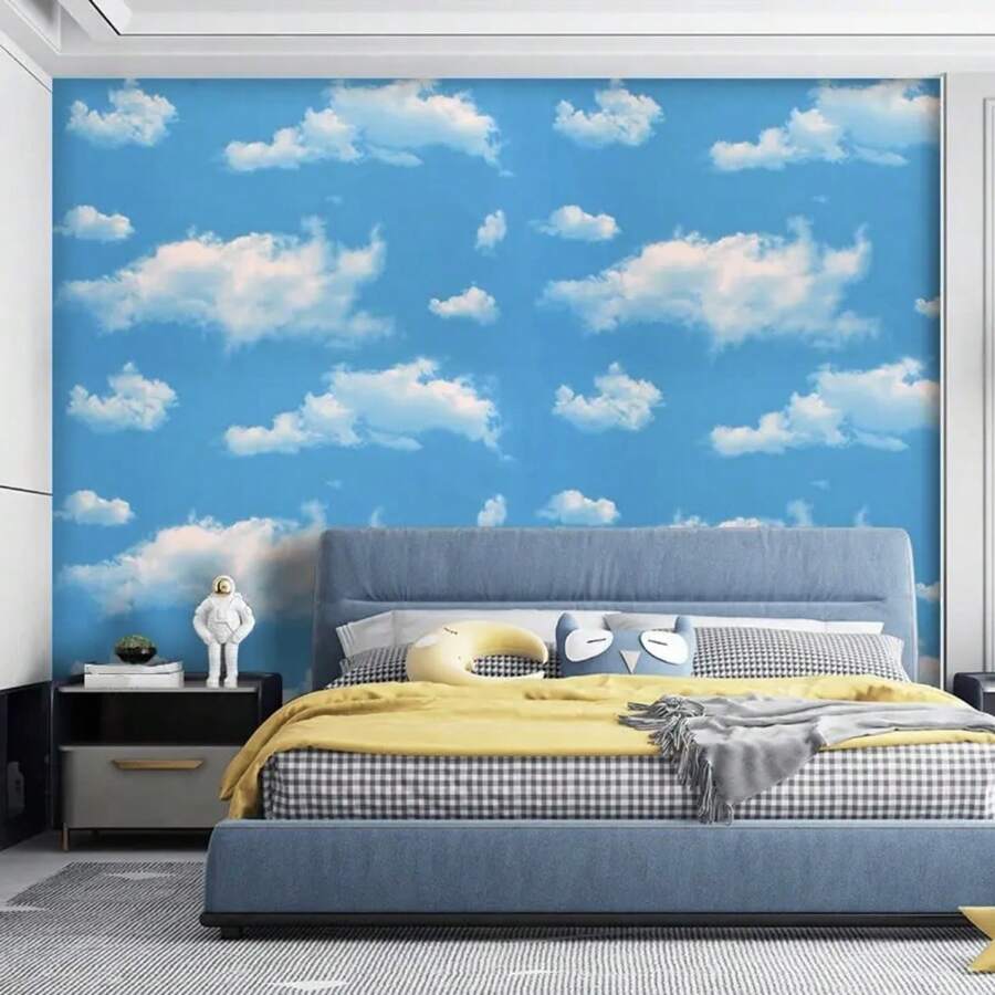 藍色天空和白色雲朵天花板牆紙帶雲朵,天空和星星圖案自黏式可拆卸牆壁畫適用於卡通主題孩子們臥室,客廳,防水,3D模擬天空風景 - 藍白色 - 查看 1