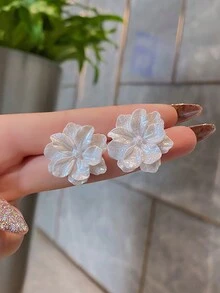 韓式s925銀針白色花朵造型耳環,時尚復古法式耳環