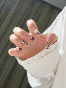 24片棺材形狀法瑞士和蝴蝶結設計假指甲，附1支果凍膠和1個指甲文件，適合派對和日常穿著，瞬間提升您的風格 - 彩色 - 查看 1