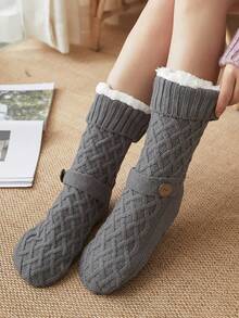 1 đôi Của phụ nữ Nút Thiết kế Lông cừu ấm áp Quần lọt khe Với Chống trượt , Dày lên Giữa bắp chân Chiều dài Màu thuần Sang trọng Vớ , Thích hợp Đối với Mặc hàng ngày In Mùa thu & Mùa Đông , 5 Màu sắc sẵn có - Màu Khaki - Xem 5