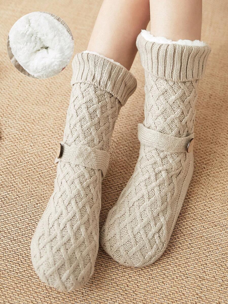 1 đôi Của phụ nữ Nút Thiết kế Lông cừu ấm áp Quần lọt khe Với Chống trượt , Dày lên Giữa bắp chân Chiều dài Màu thuần Sang trọng Vớ , Thích hợp Đối với Mặc hàng ngày In Mùa thu & Mùa Đông , 5 Màu sắc sẵn có - Màu Khaki - Xem 1