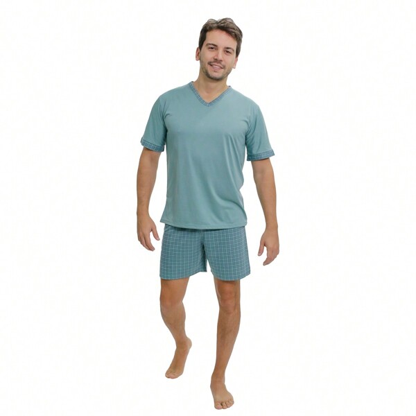 Pijama Malha M/Curta Blusa Decote V Lisa Bermuda Xadrez