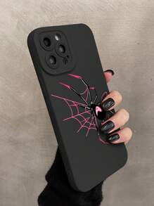 1pc Black Matte Texture Protective Soft Cover With Spider Design And Painted Pattern Anti-Drop Phone Case, Creative Style, Compatible With Iphone - Black - View 4